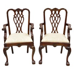 Vintage English Chippendale Style Carved Mahogany Ball & Claw Dining Arm Chairs - a Pair