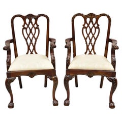 English Chippendale Style Carved Mahogany Ball & Claw Dining Arm Chairs - a Pair
