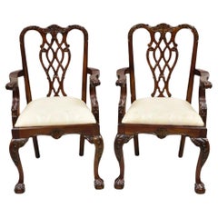 English Chippendale Style Carved Mahogany Ball & Claw Dining Arm Chairs - a Pair