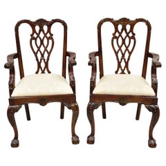 English Chippendale Style Carved Mahogany Ball & Claw Dining Arm Chairs - a Pair