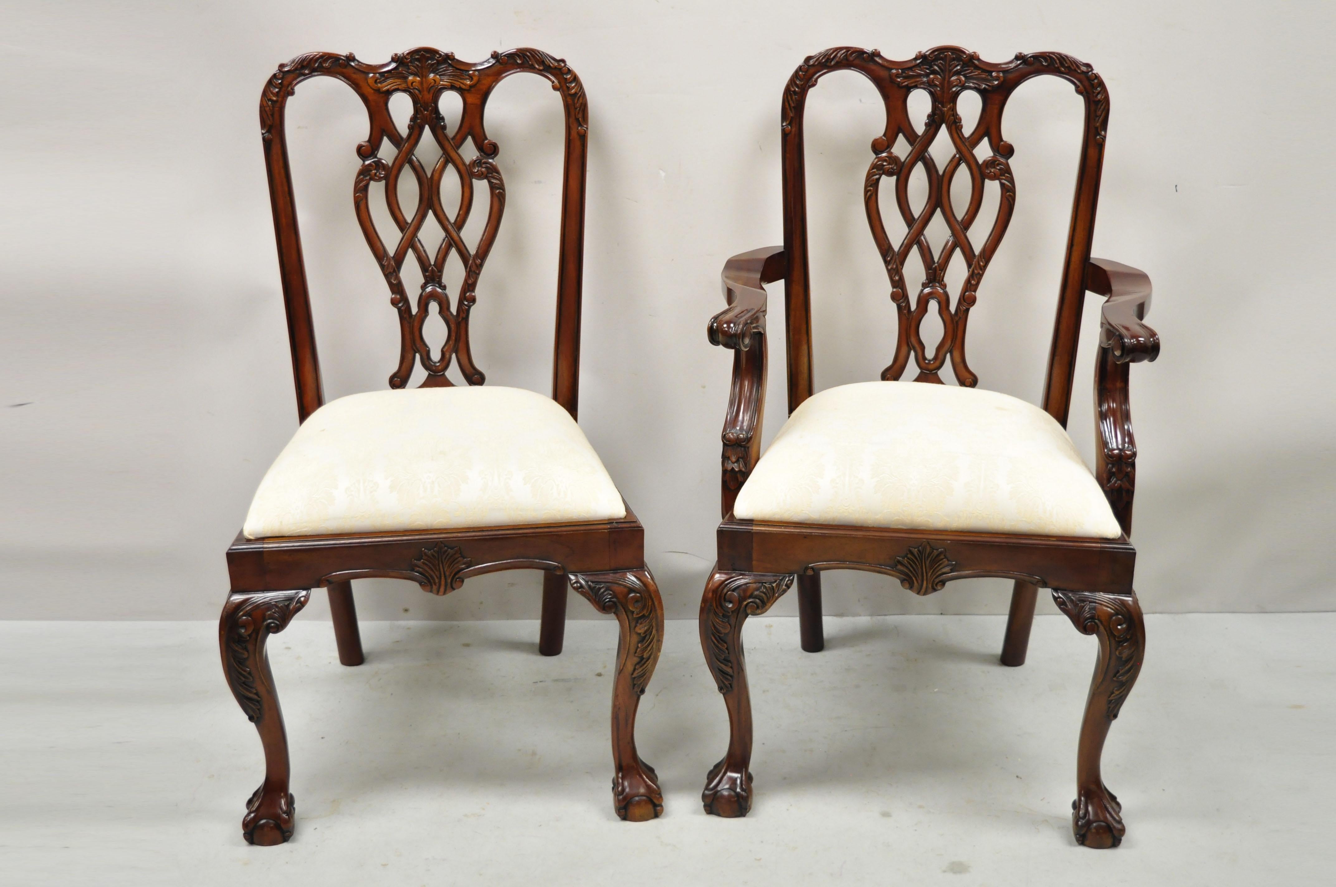 English Chippendale style carved mahogany ball & claw dining chairs - Set of 8. Item features (2) armchairs, (6) side chairs, solid wood frames, beautiful wood grain, nicely carved details, carved ball and claw feet, very nice set, quality