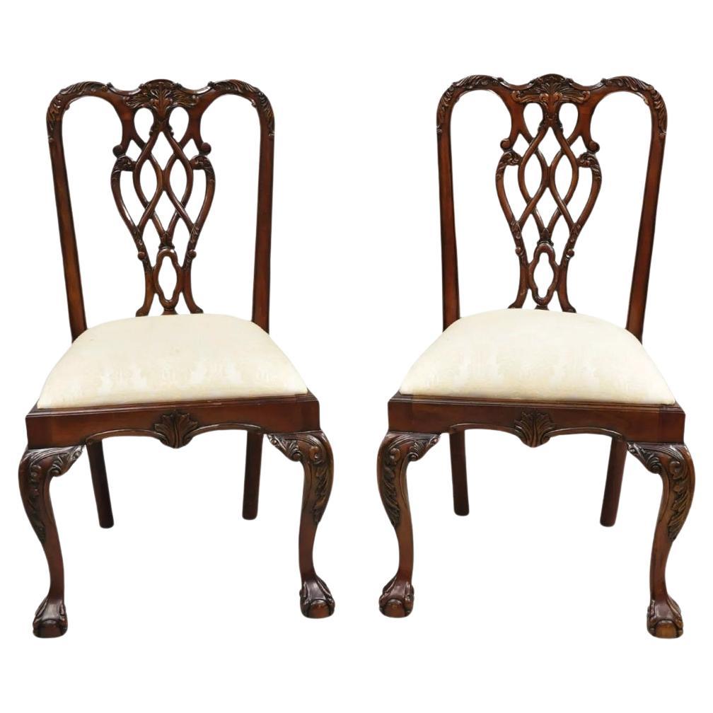 English Chippendale Style Carved Mahogany Ball & Claw Dining Side Chairs - Pair