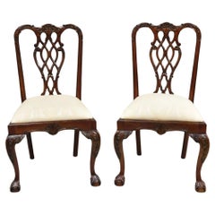 Retro English Chippendale Style Carved Mahogany Ball & Claw Dining Side Chairs - Pair
