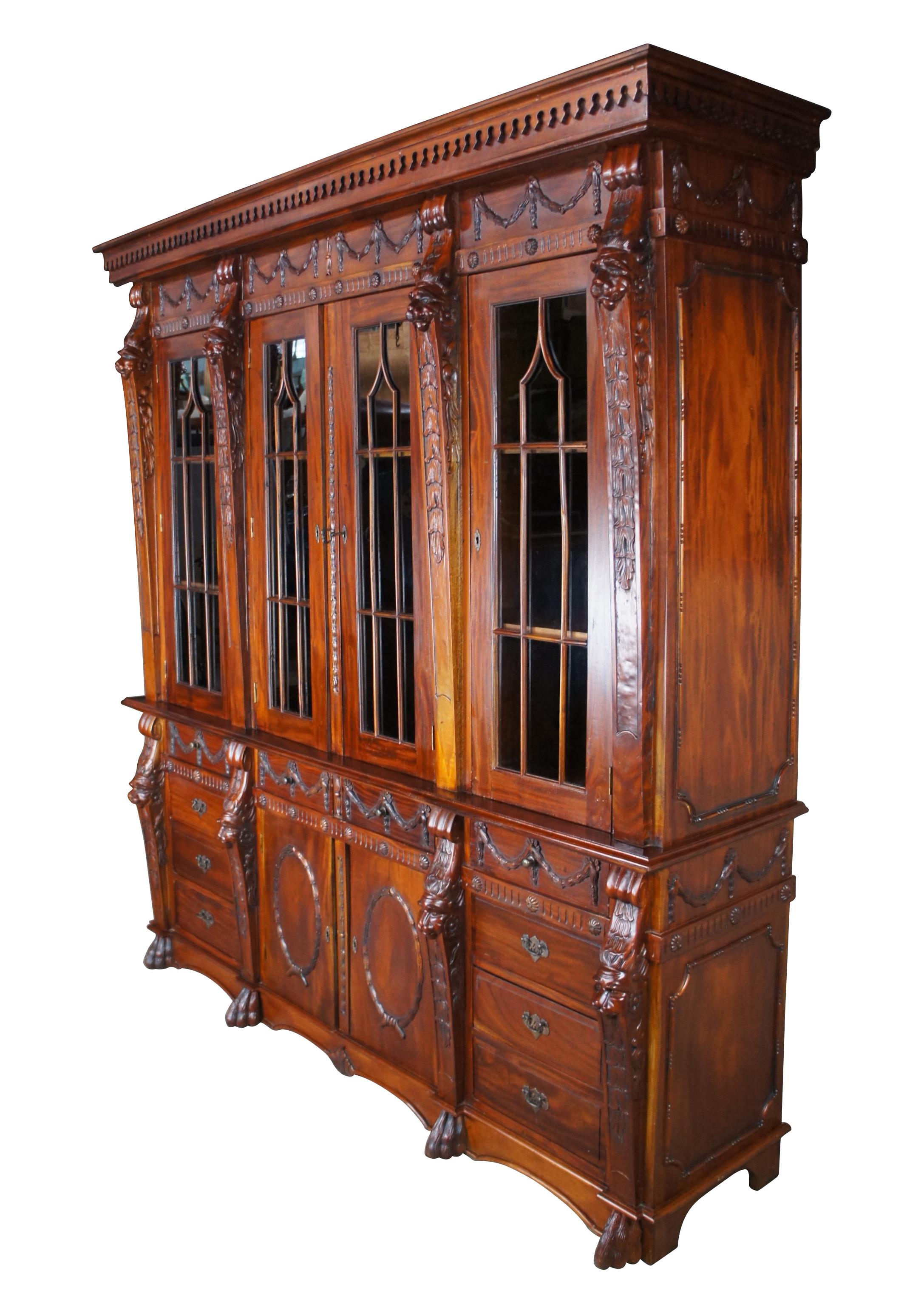 English Chippendale Style Carved Mahogany Lion Paw China Display Cabinet Empire In Good Condition For Sale In Dayton, OH