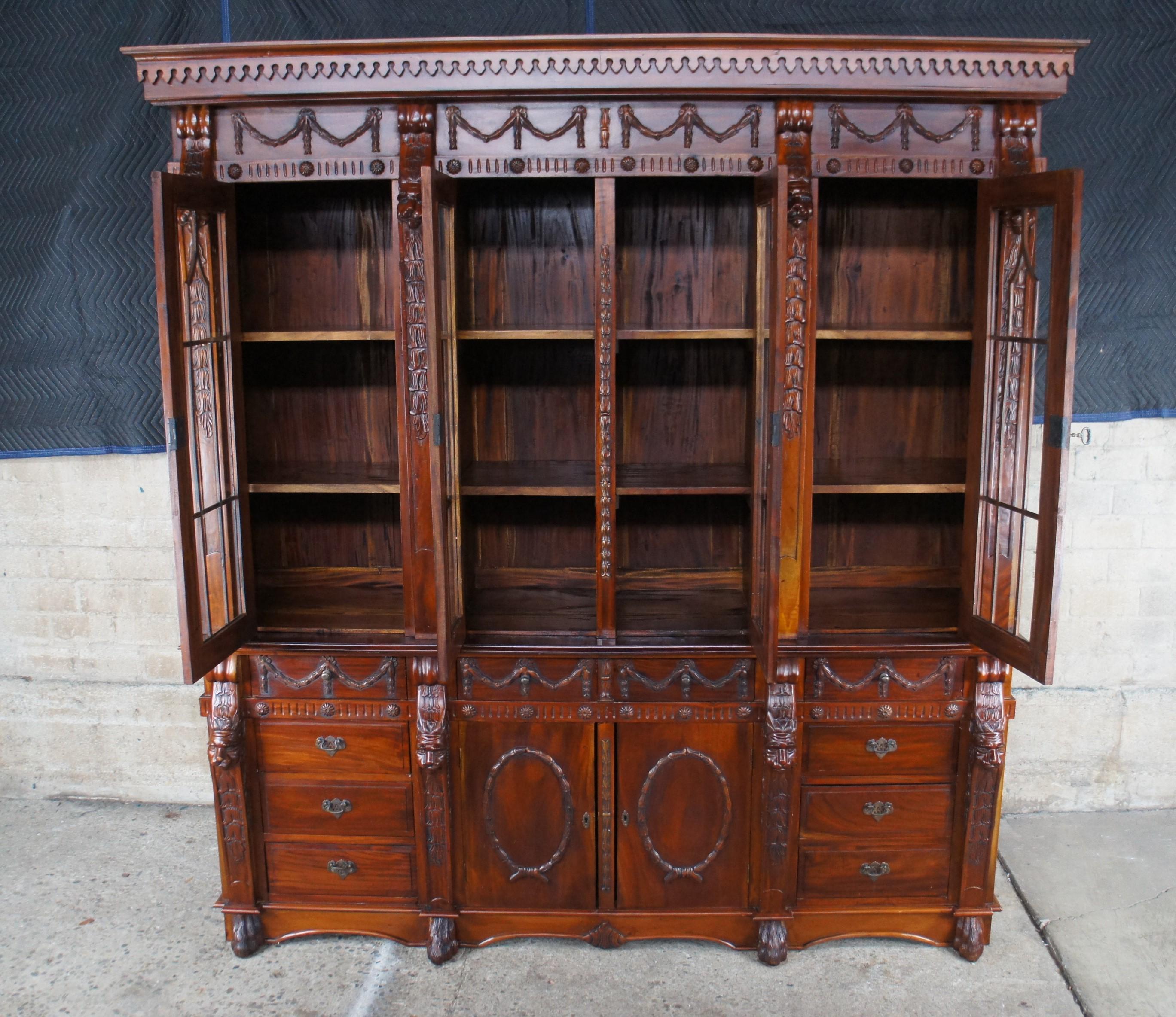 20th Century English Chippendale Style Carved Mahogany Lion Paw China Display Cabinet Empire For Sale