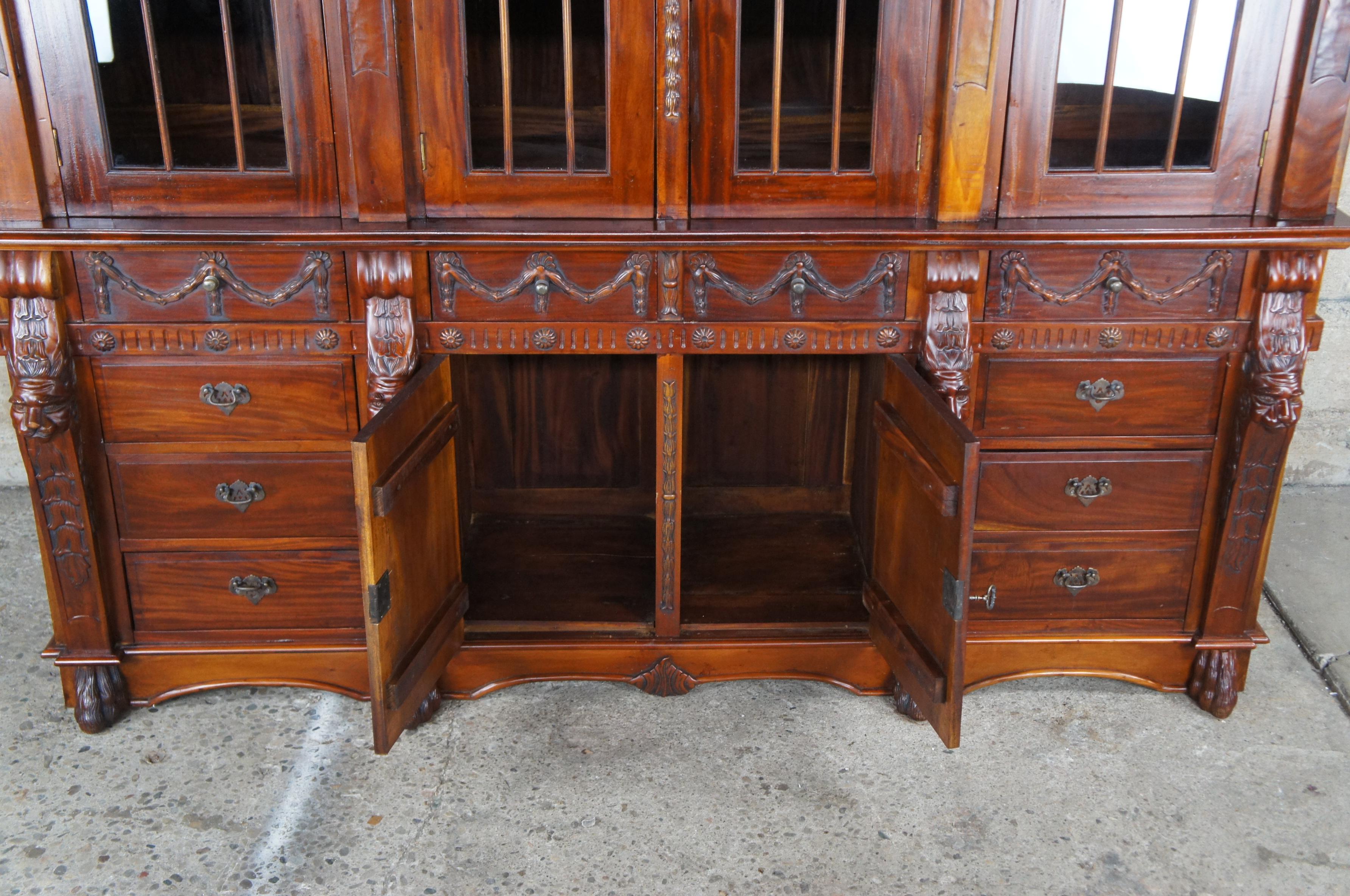 Glass English Chippendale Style Carved Mahogany Lion Paw China Display Cabinet Empire For Sale