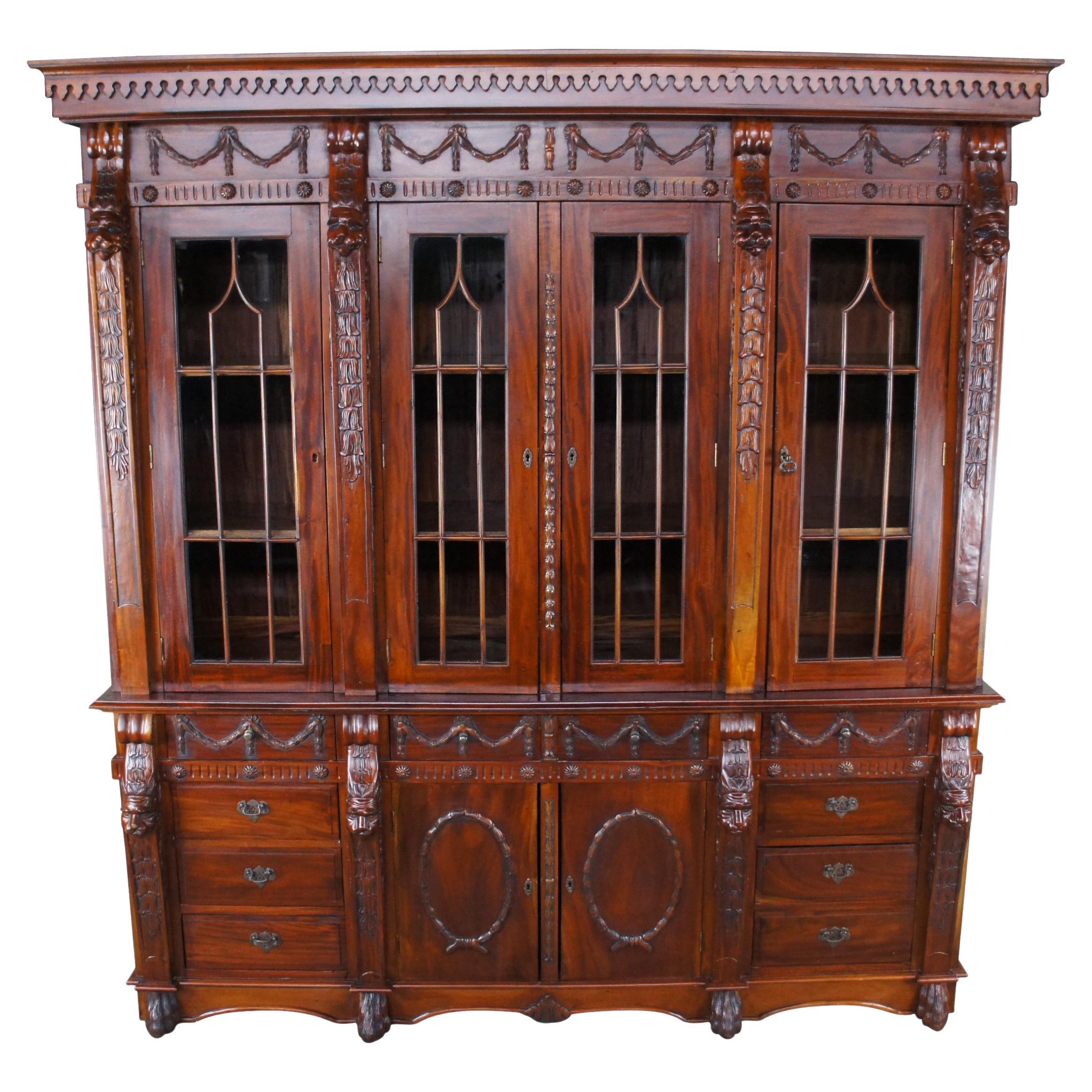 English Chippendale Style Carved Mahogany Lion Paw China Display Cabinet Empire For Sale