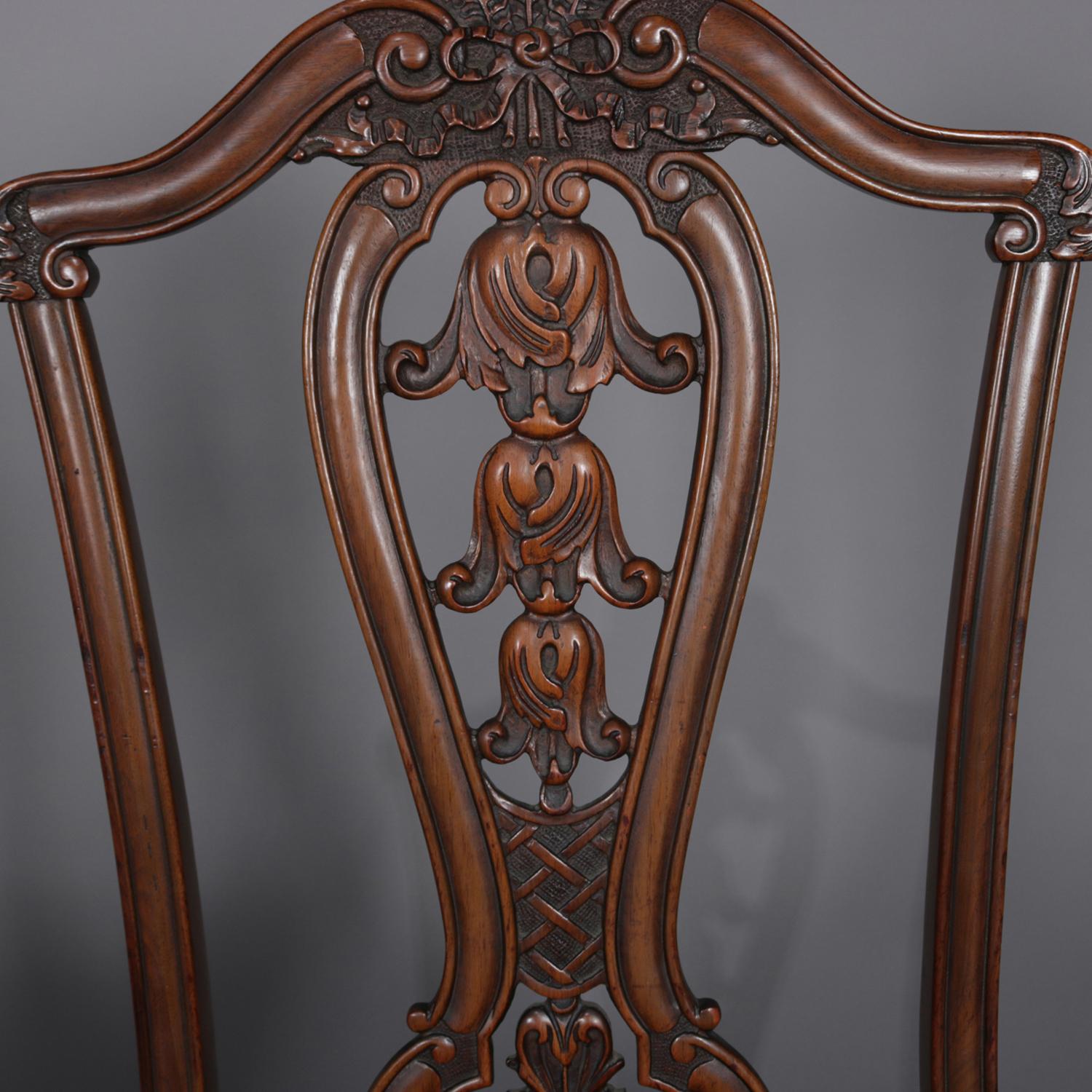 English Chippendale Style Carved Walnut Dining Table and 6 Chairs, 20th Century 5