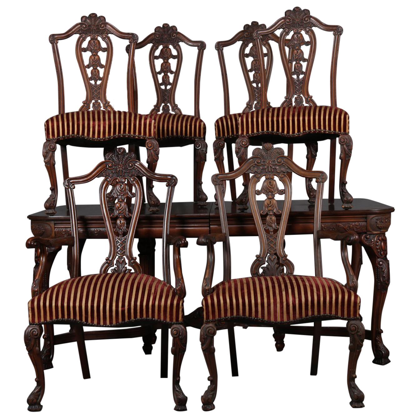English Chippendale Style Carved Walnut Dining Table and 6 Chairs, 20th Century