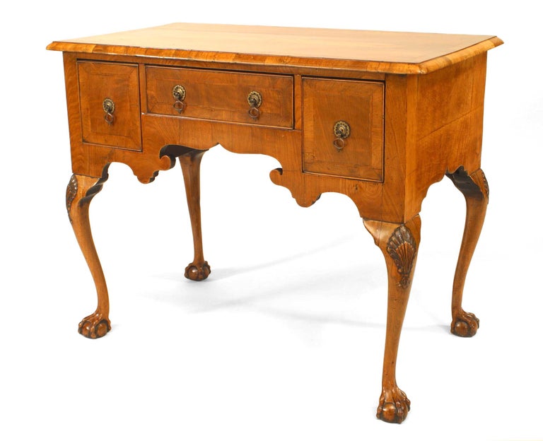 English Chippendale style (18th CentUrey) burl walnut veneer lowboy with three drawers and brass handles.
     