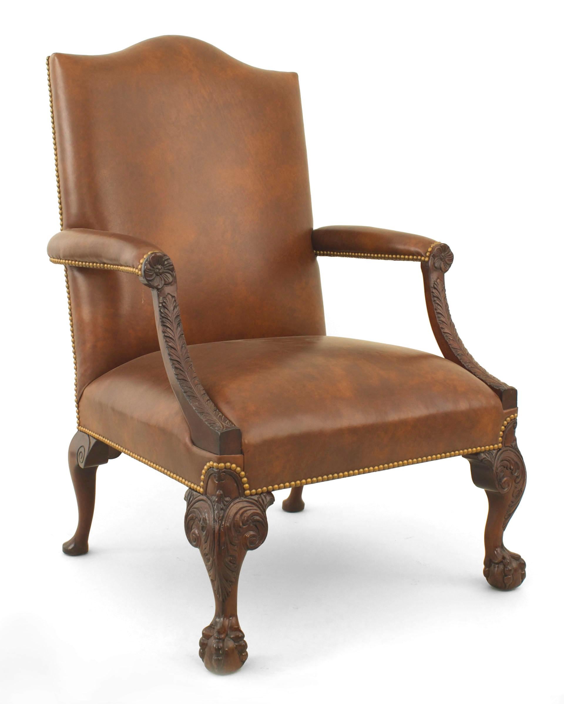 20th Century English Chippendale Style Mahogany Carved Open Armchair For Sale