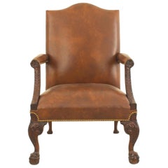Vintage English Chippendale Style Mahogany Carved Open Armchair