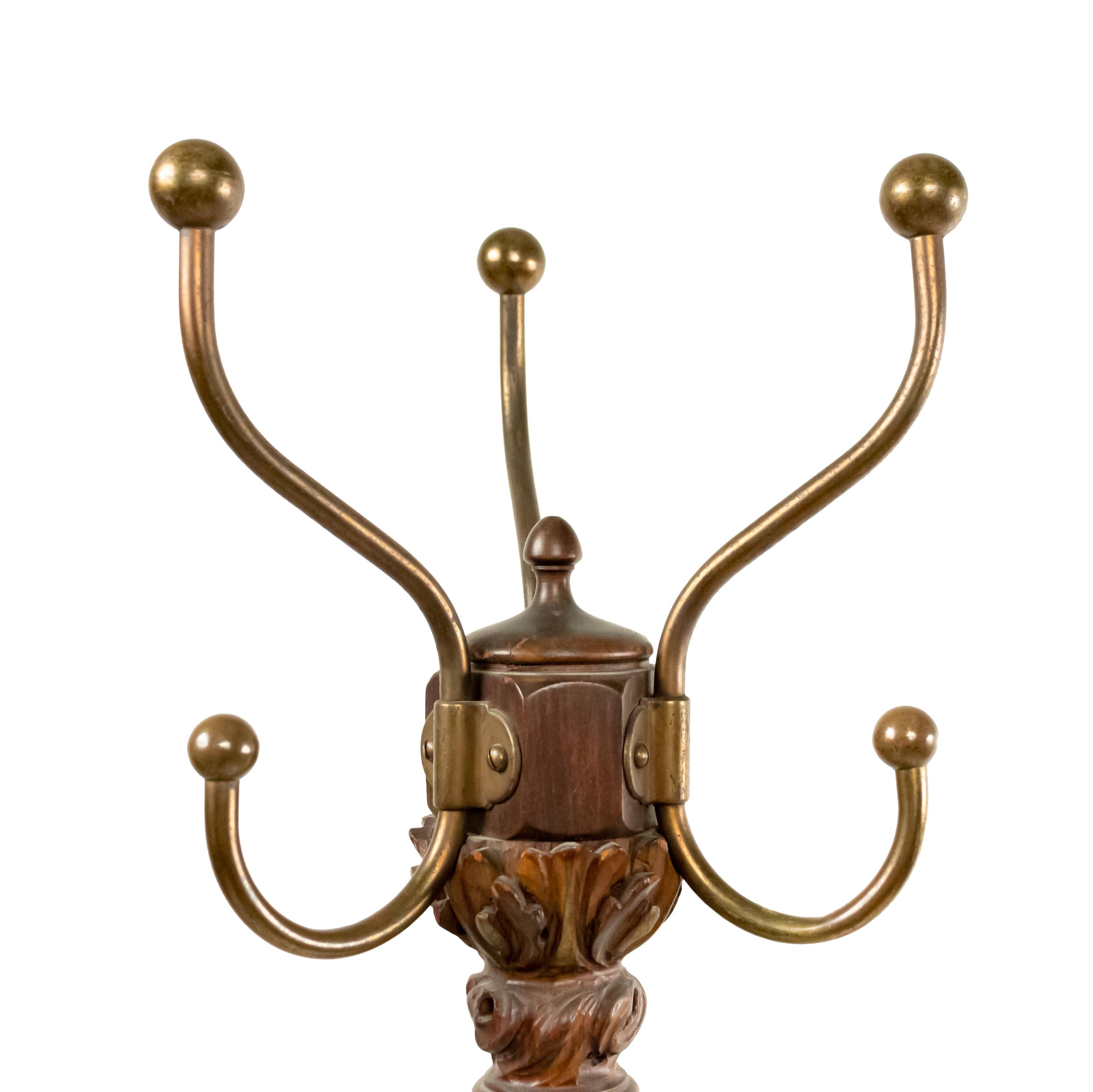 English Chippendale-style mahogany carved coat tree with brass hardware