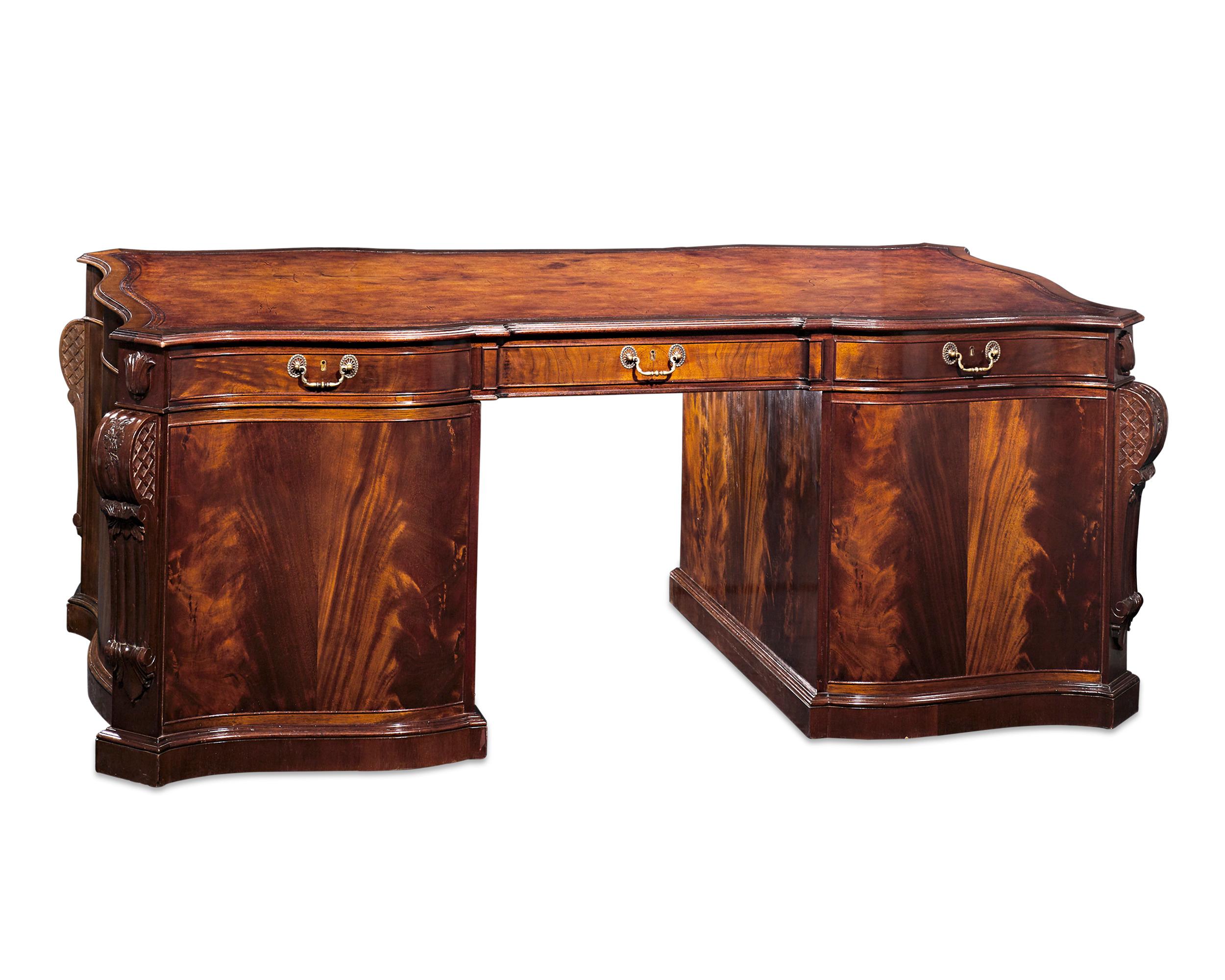 Carved English Chippendale Style Serpentine Partner's Desk
