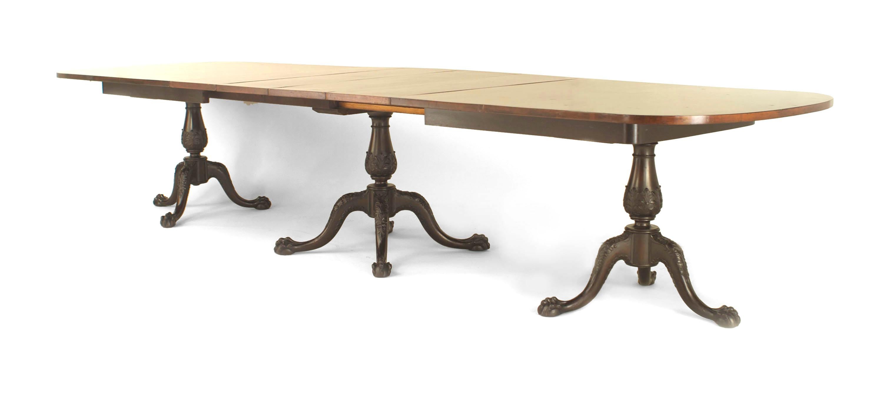 English Chippendale-style (19th Century) mahogany triple pedestal base dining table (4 table leaves - 13.5