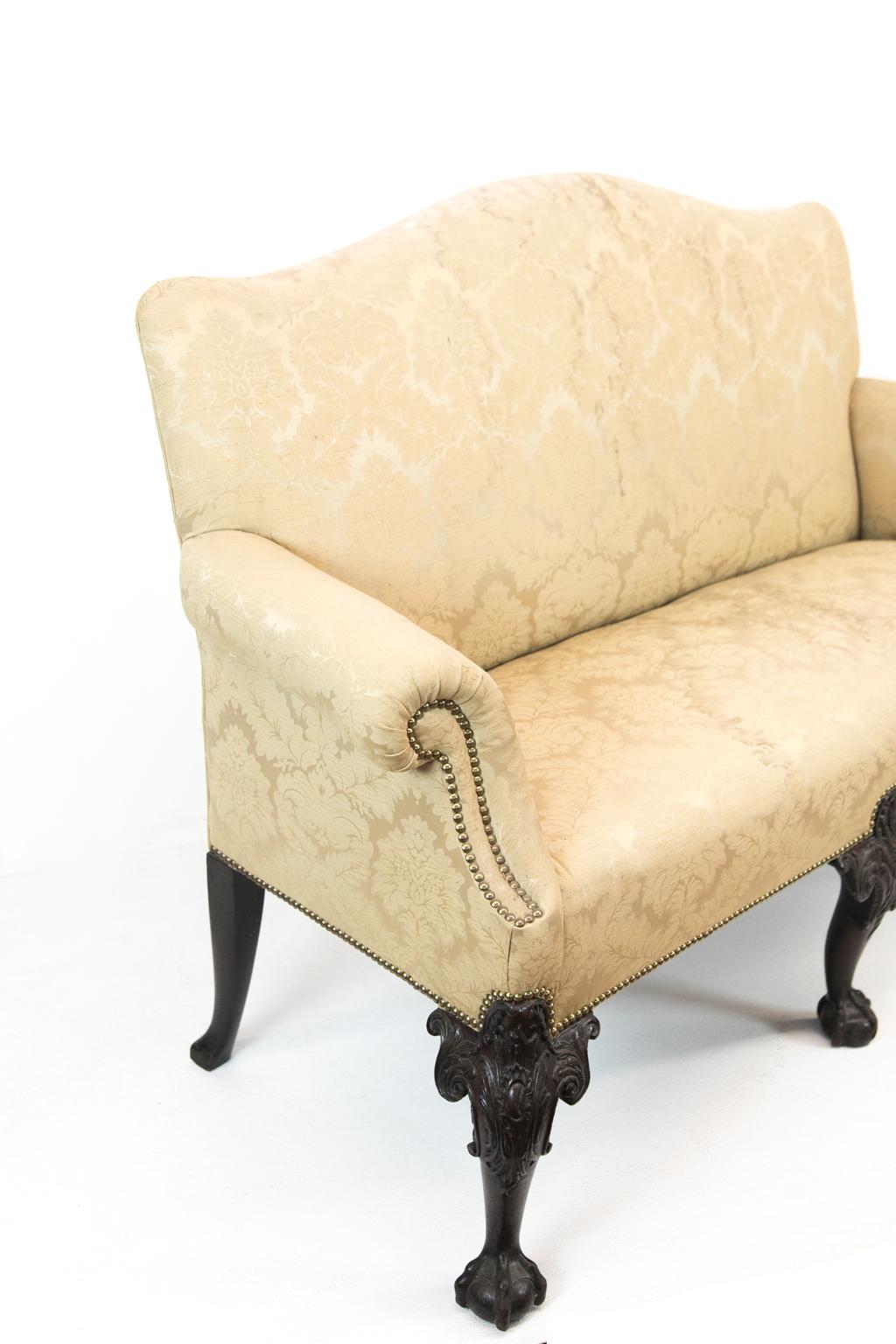 Hand-Carved English Chippendale Style Upholstered Settee