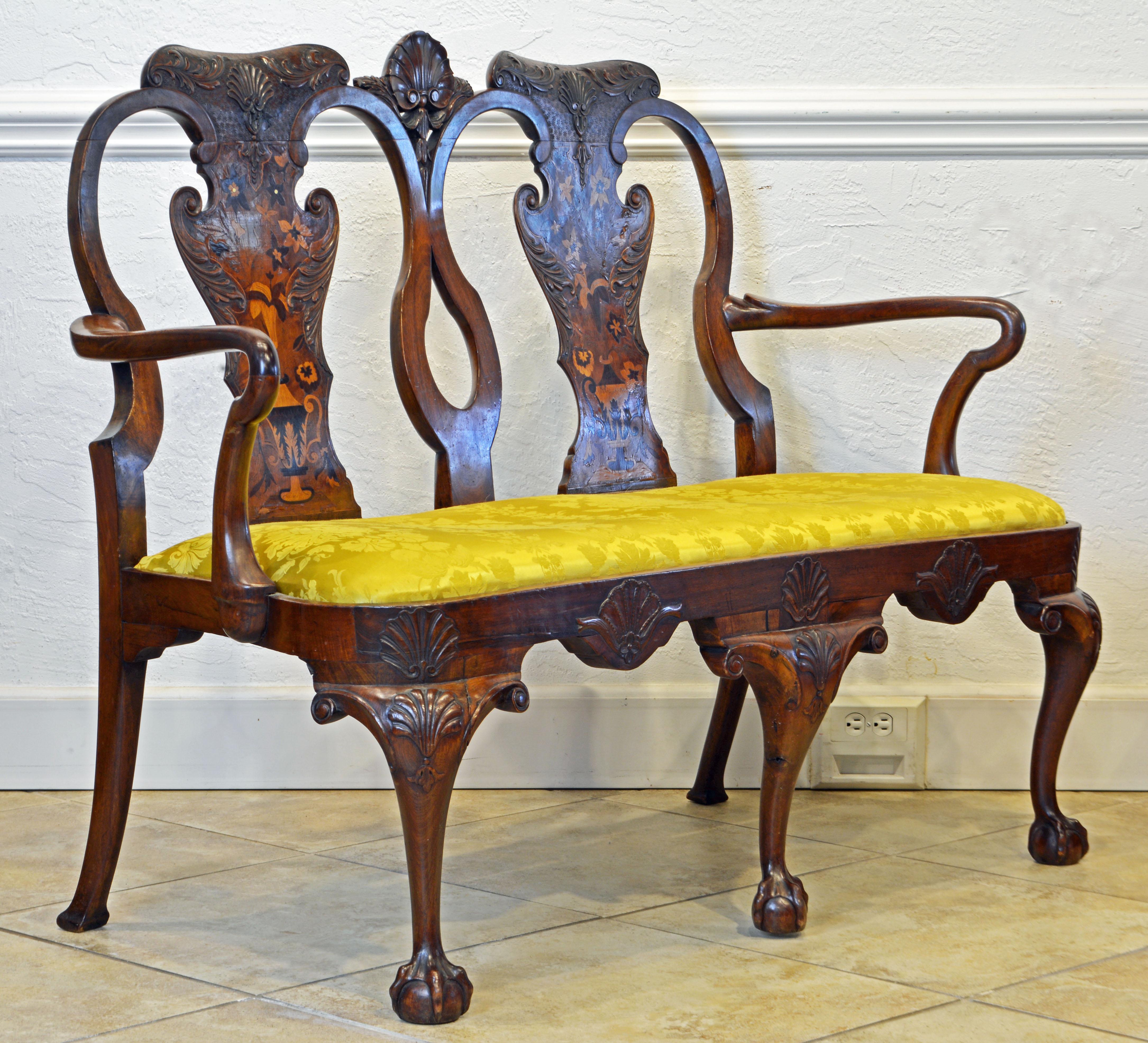 Hand-Carved English Chippendale Style Well Carved and Inlaid Two Seats Settee, 19th Century