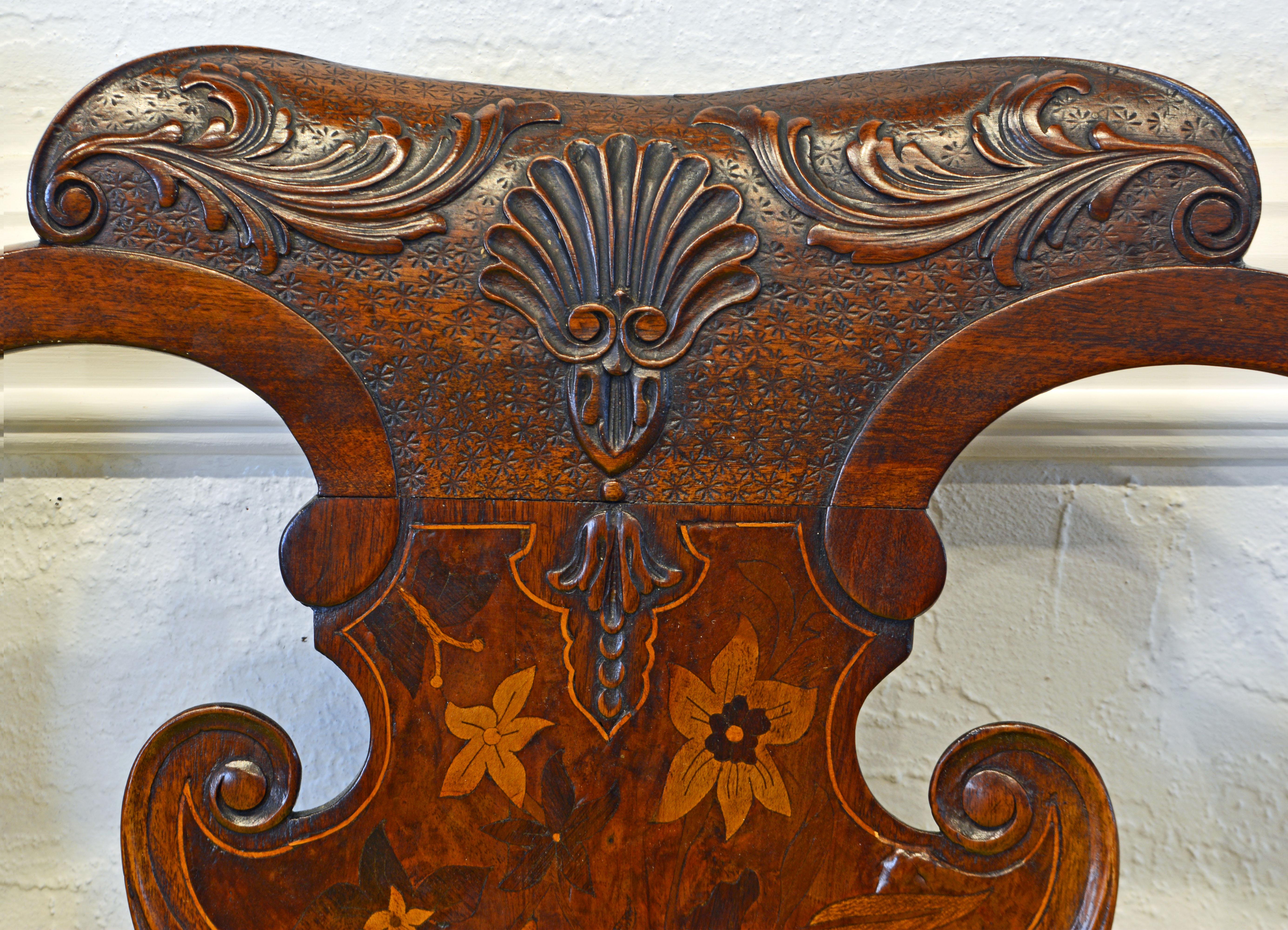 Wood English Chippendale Style Well Carved and Inlaid Two Seats Settee, 19th Century