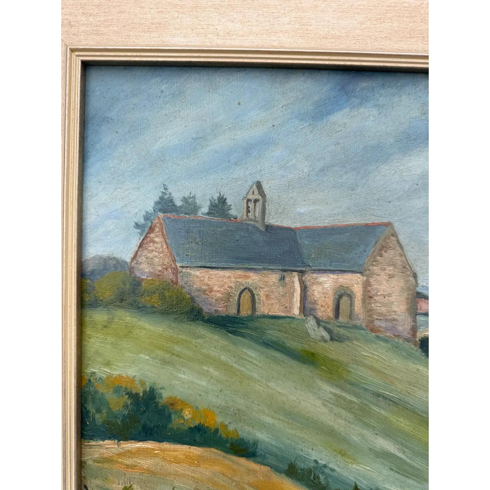 Milieu du XXe siècle Scène de village dans une église anglaise Huile sur toile en vente