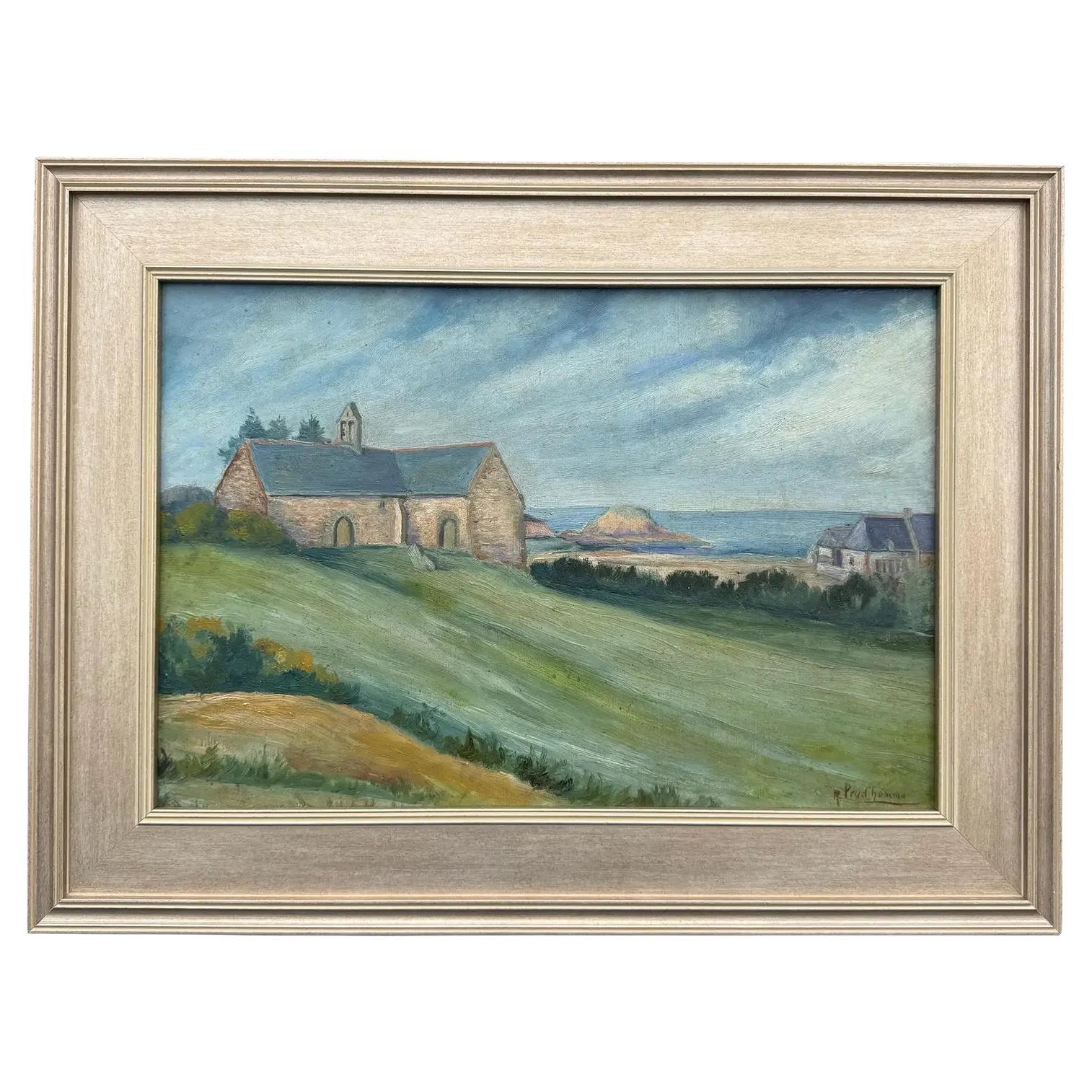 Scène de village dans une église anglaise Huile sur toile en vente