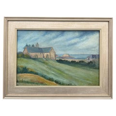 English Church Village Scene Oil on Canvas