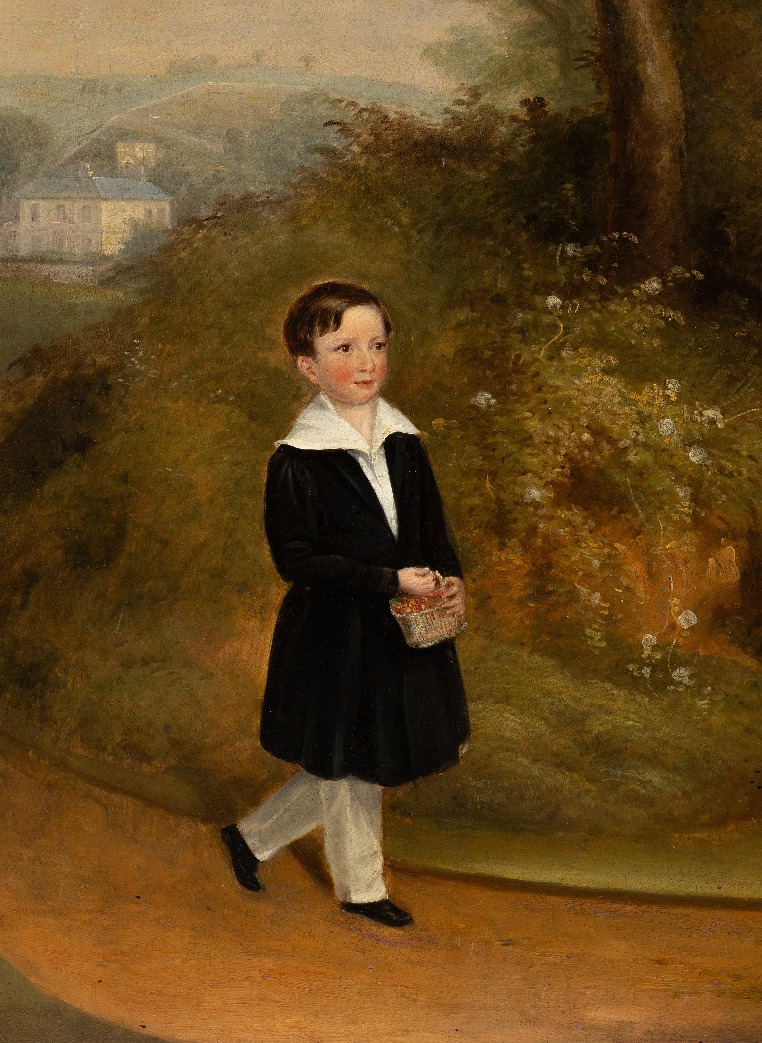 Große 1840's Englisch feine Ölgemälde Landhauslandschaft mit Kindern – Painting von English, circa 1845