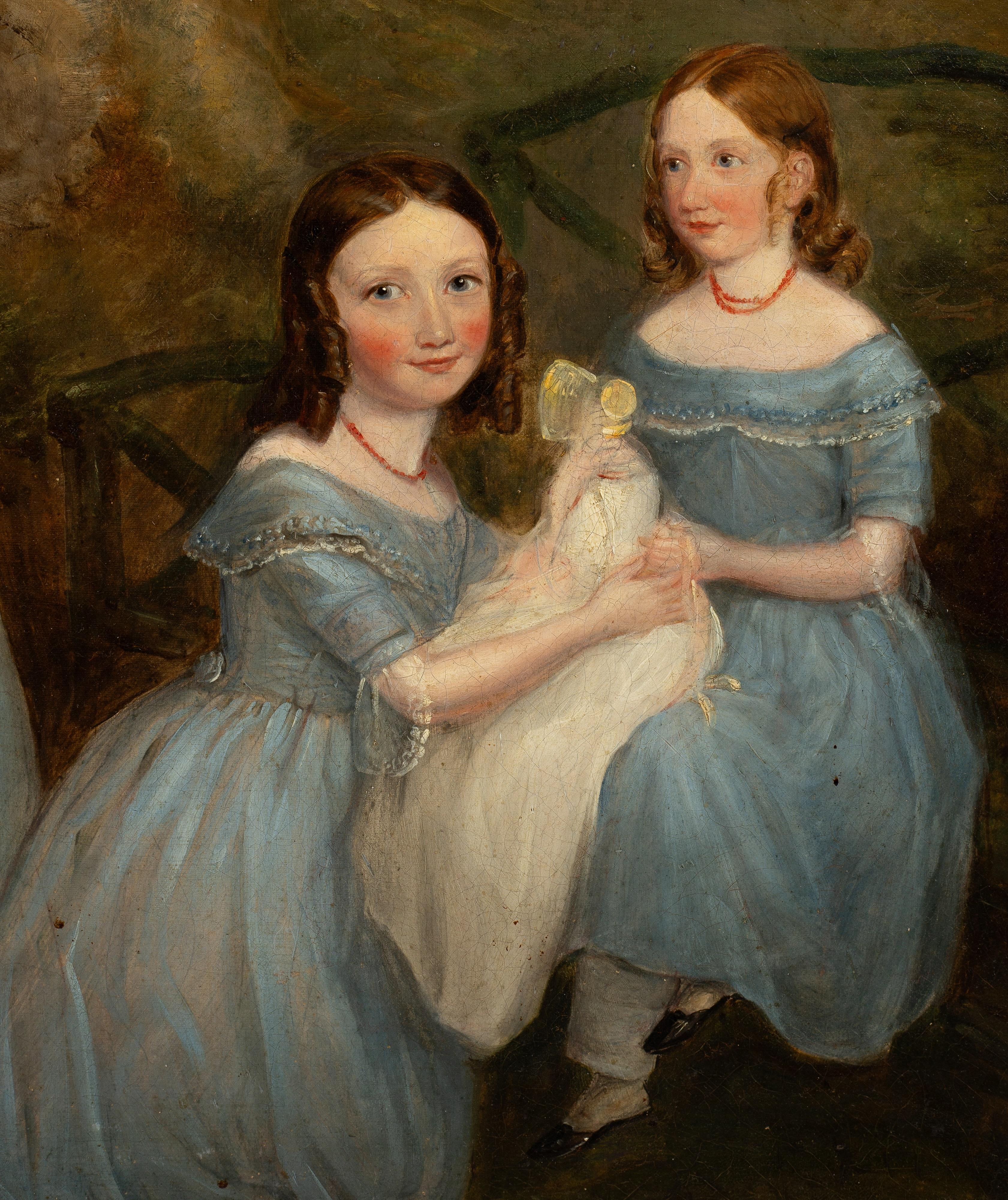 Große 1840's Englisch feine Ölgemälde Landhauslandschaft mit Kindern (Braun), Figurative Painting, von English, circa 1845