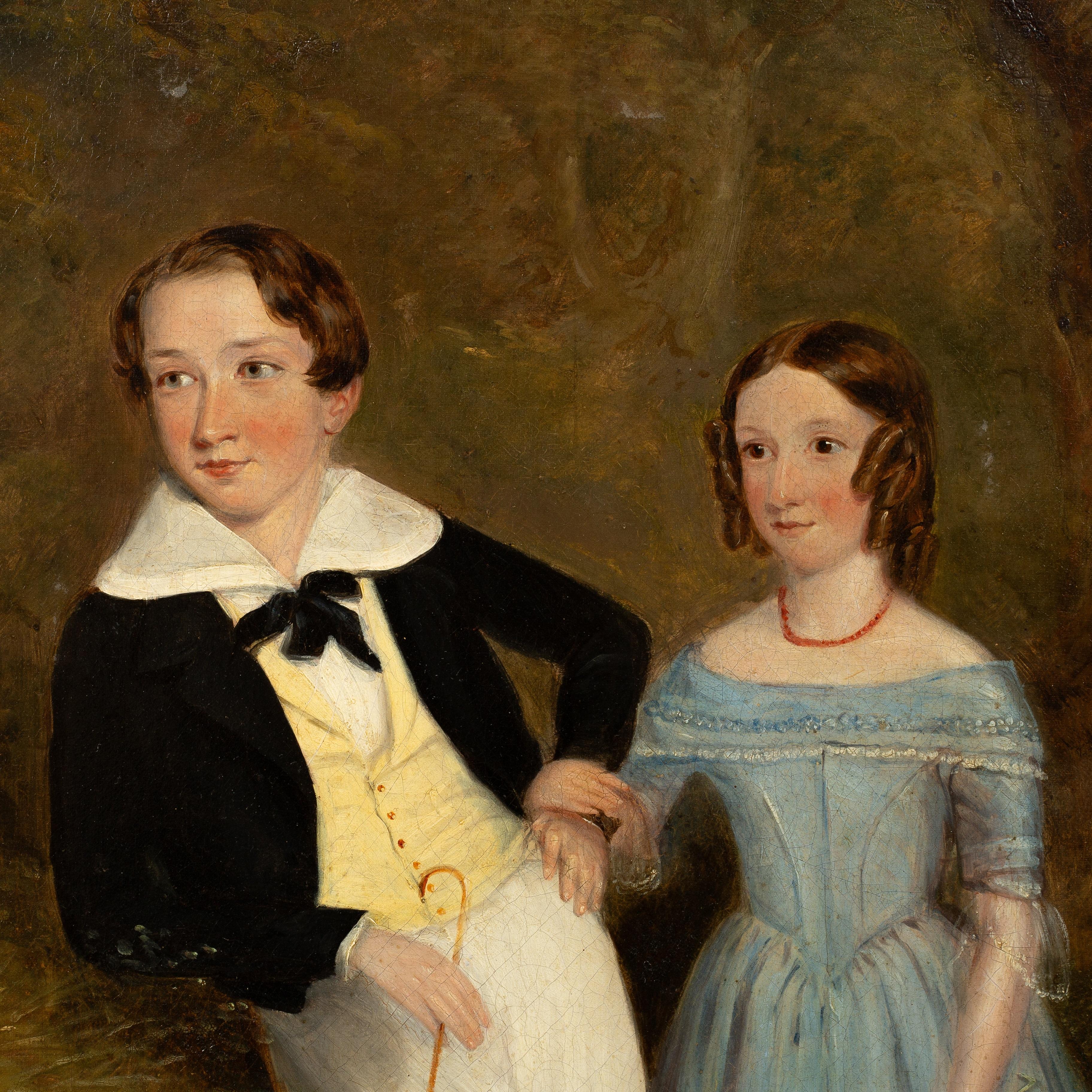 Große 1840's Englisch feine Ölgemälde Landhauslandschaft mit Kindern im Angebot 1