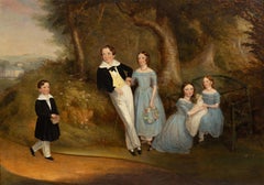 Antique Large 1840's English Fine Oil Painting Country House Landscape with Children