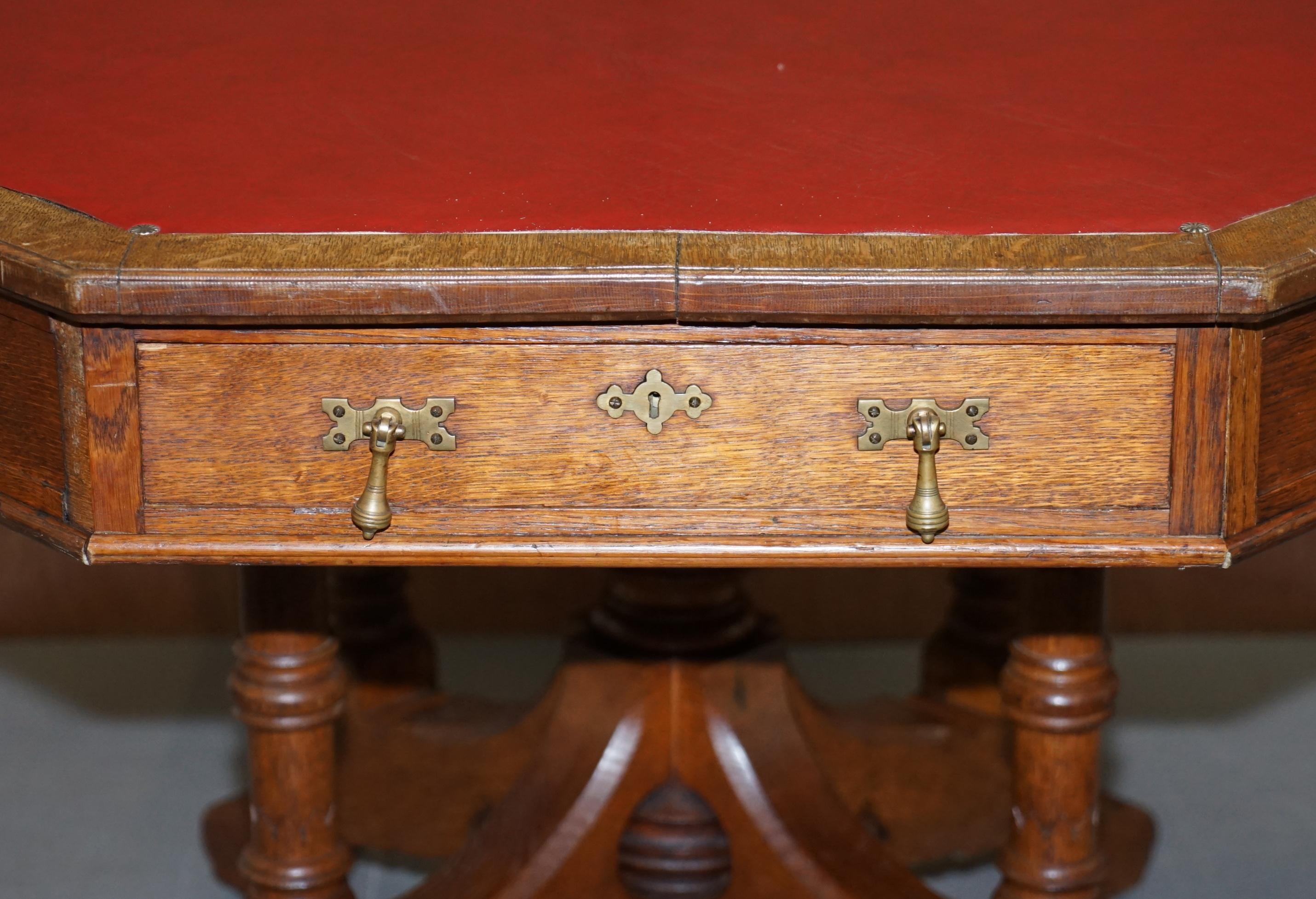 Leather English circa 1850 Gothic Revival English Oak Octagonal Occasional Library Table