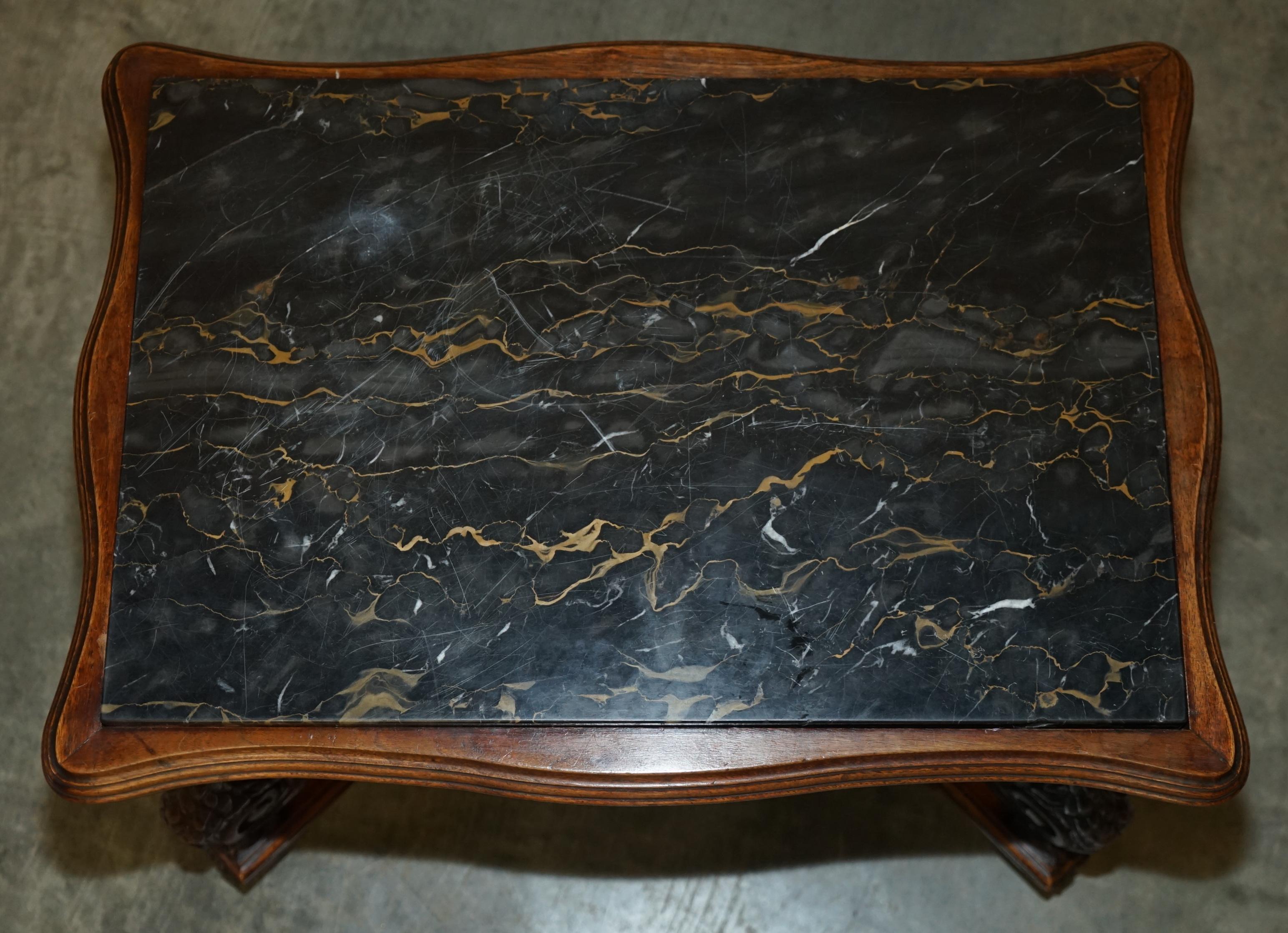 English Circa 1880 Ornately Hand Carved Swan Oak Side End Table Solid Marble Top 5