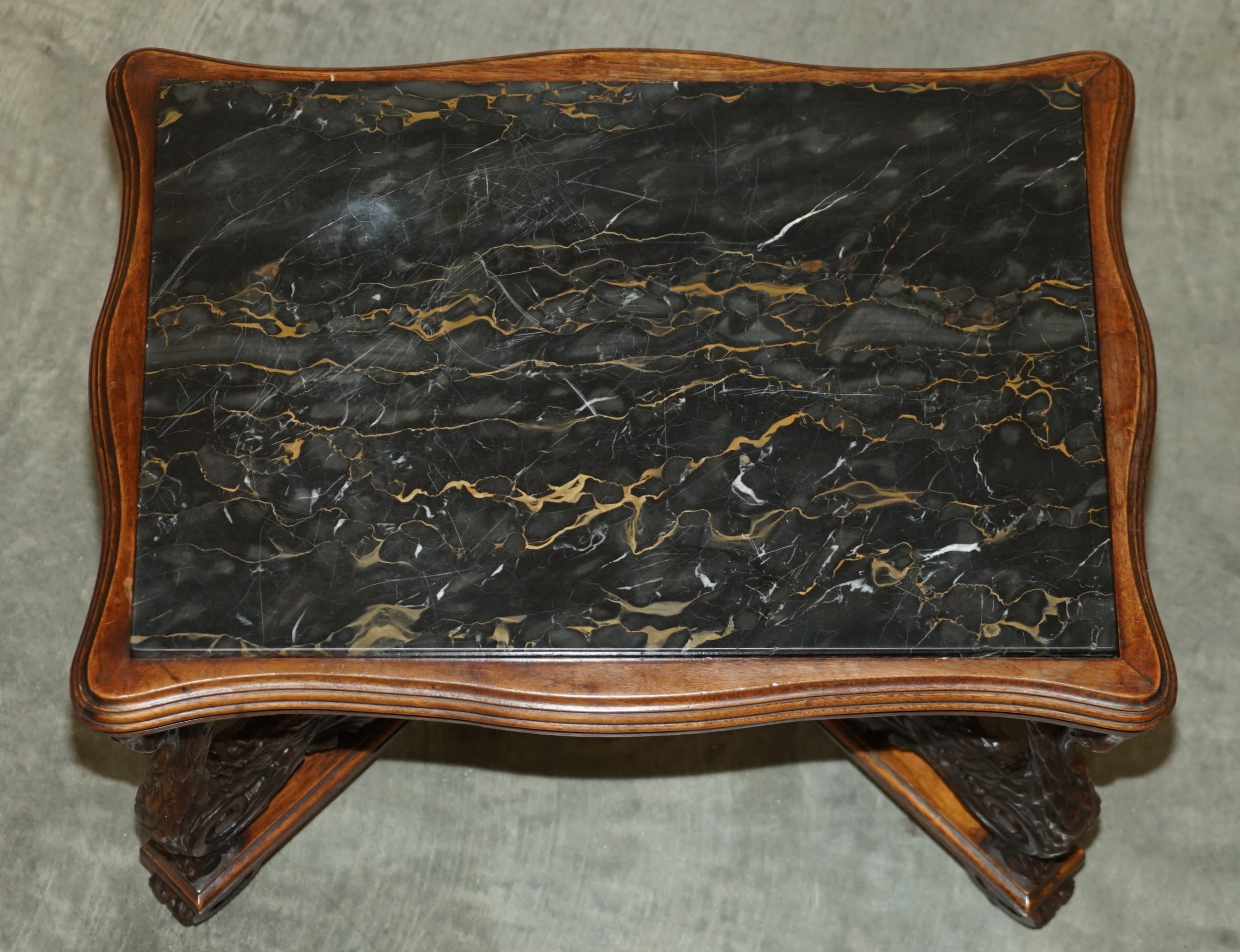 English Circa 1880 Ornately Hand Carved Swan Oak Side End Table Solid Marble Top 6