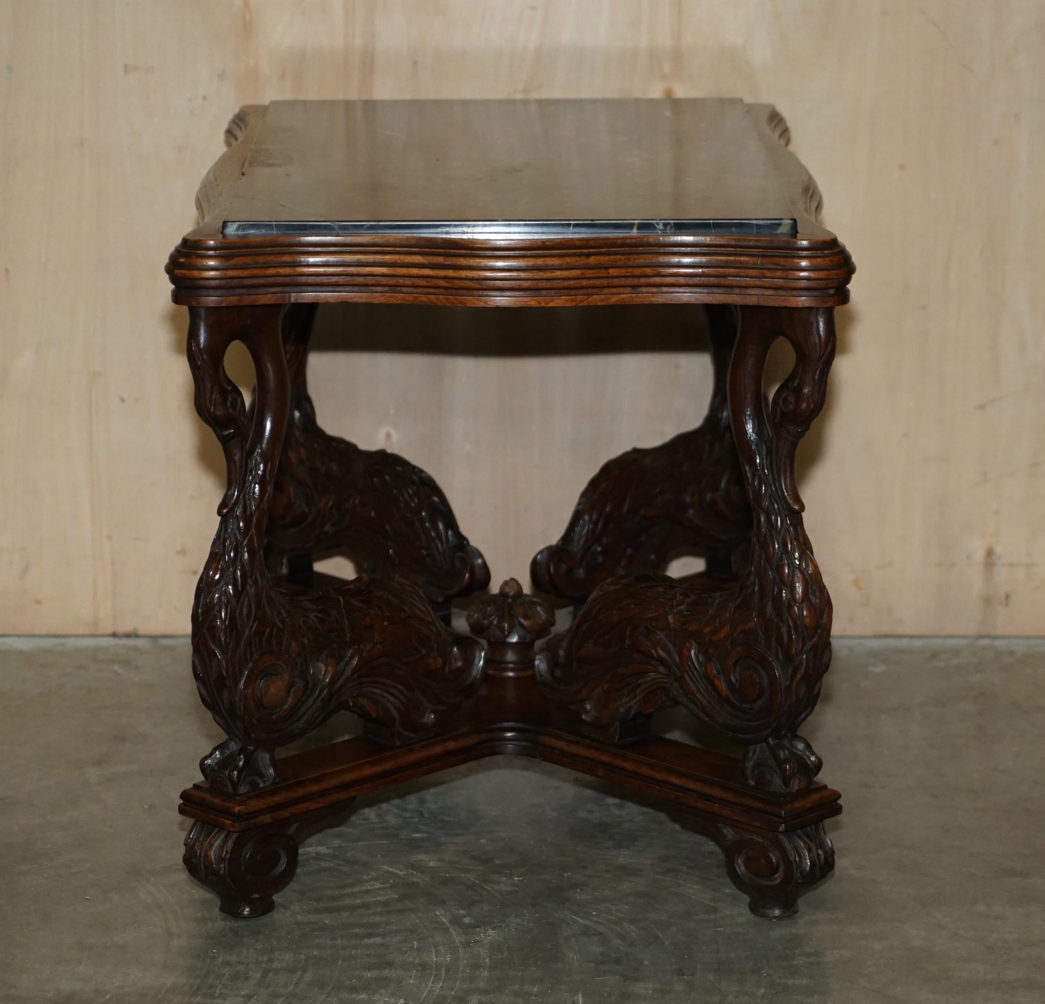 English Circa 1880 Ornately Hand Carved Swan Oak Side End Table Solid Marble Top 9