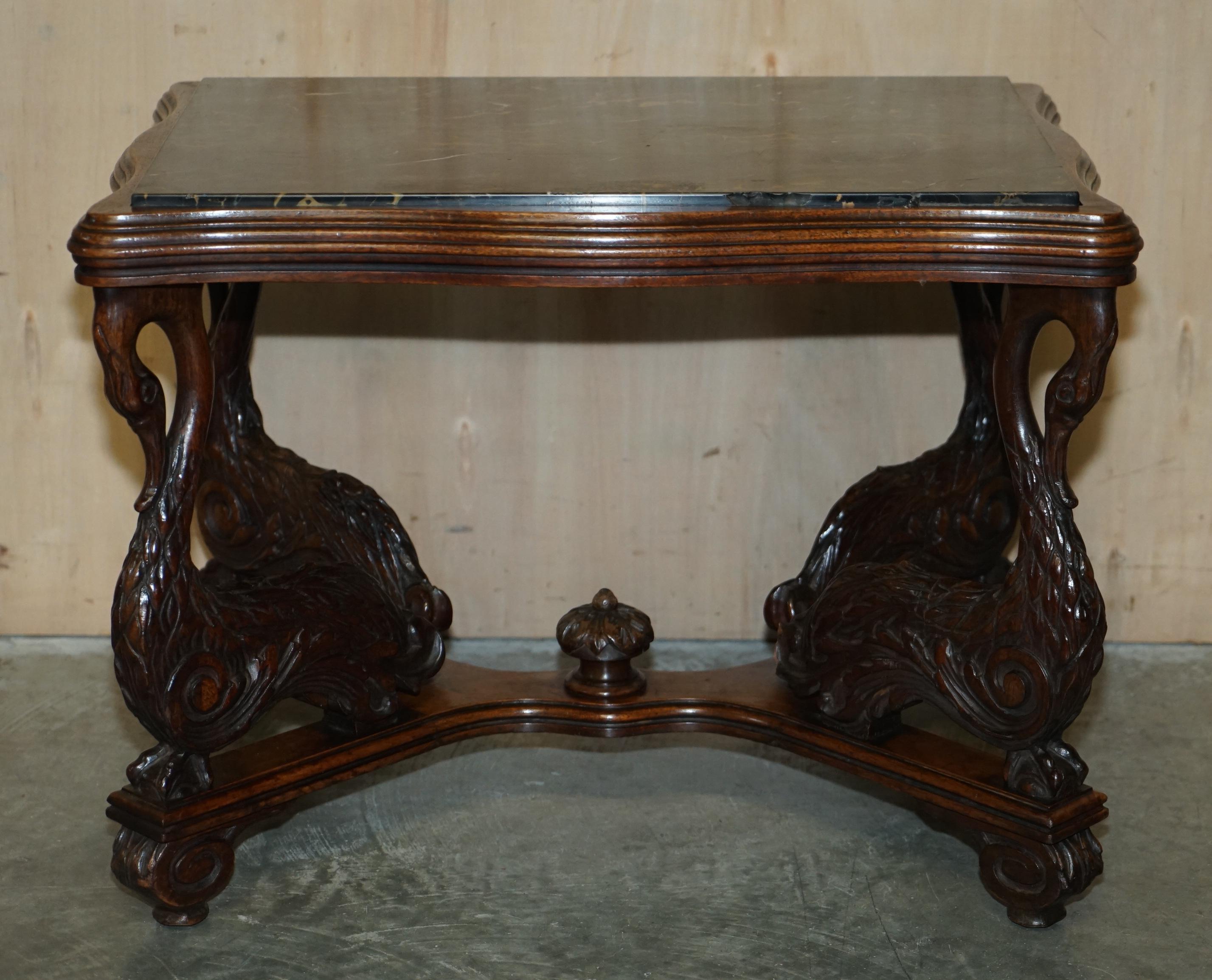 English Circa 1880 Ornately Hand Carved Swan Oak Side End Table Solid Marble Top 11