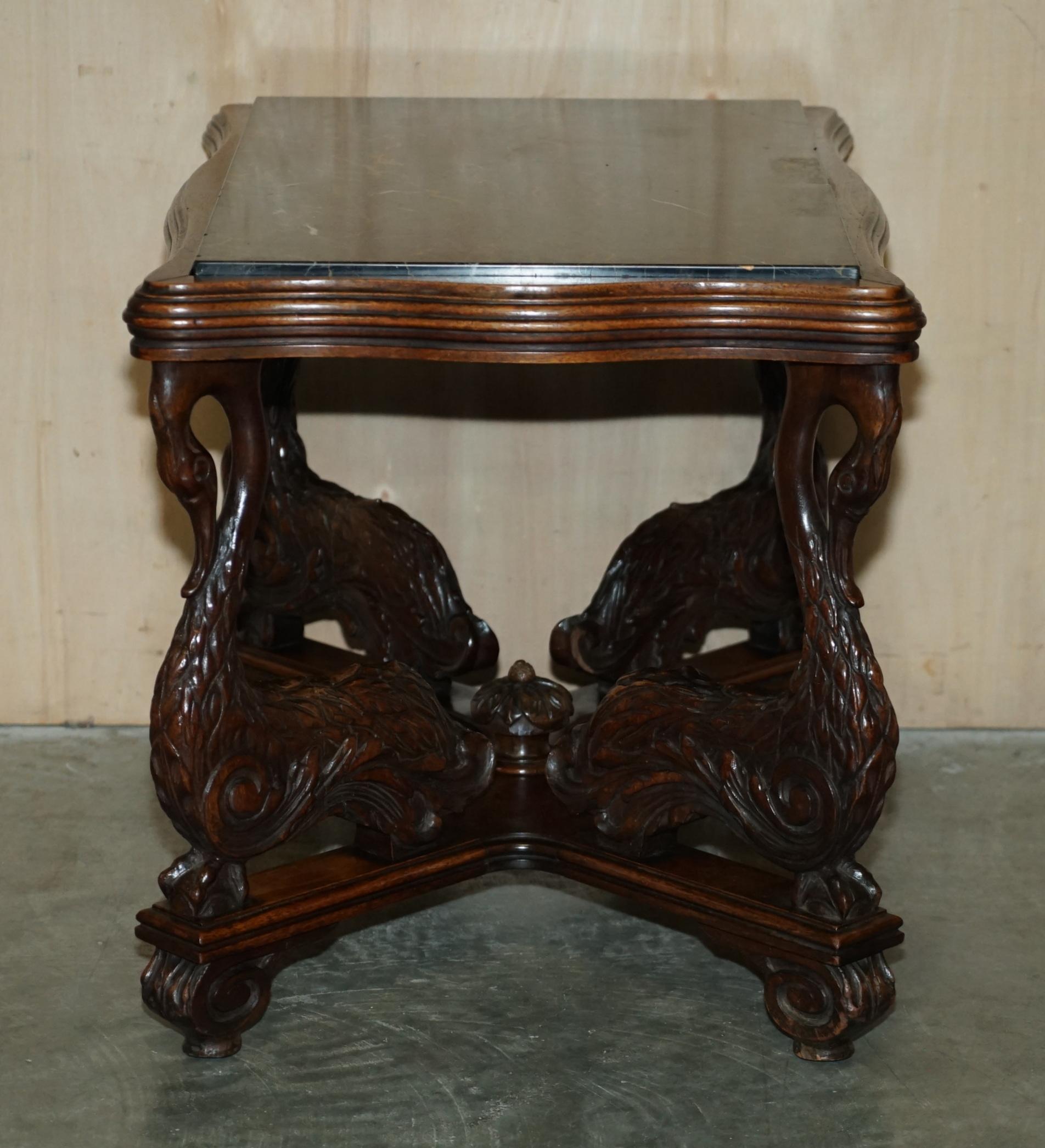 English Circa 1880 Ornately Hand Carved Swan Oak Side End Table Solid Marble Top 12