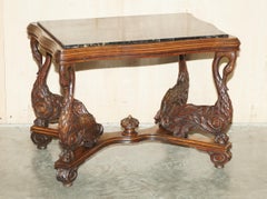 English Circa 1880 Ornately Hand Carved Swan Oak Side End Table Solid Marble Top