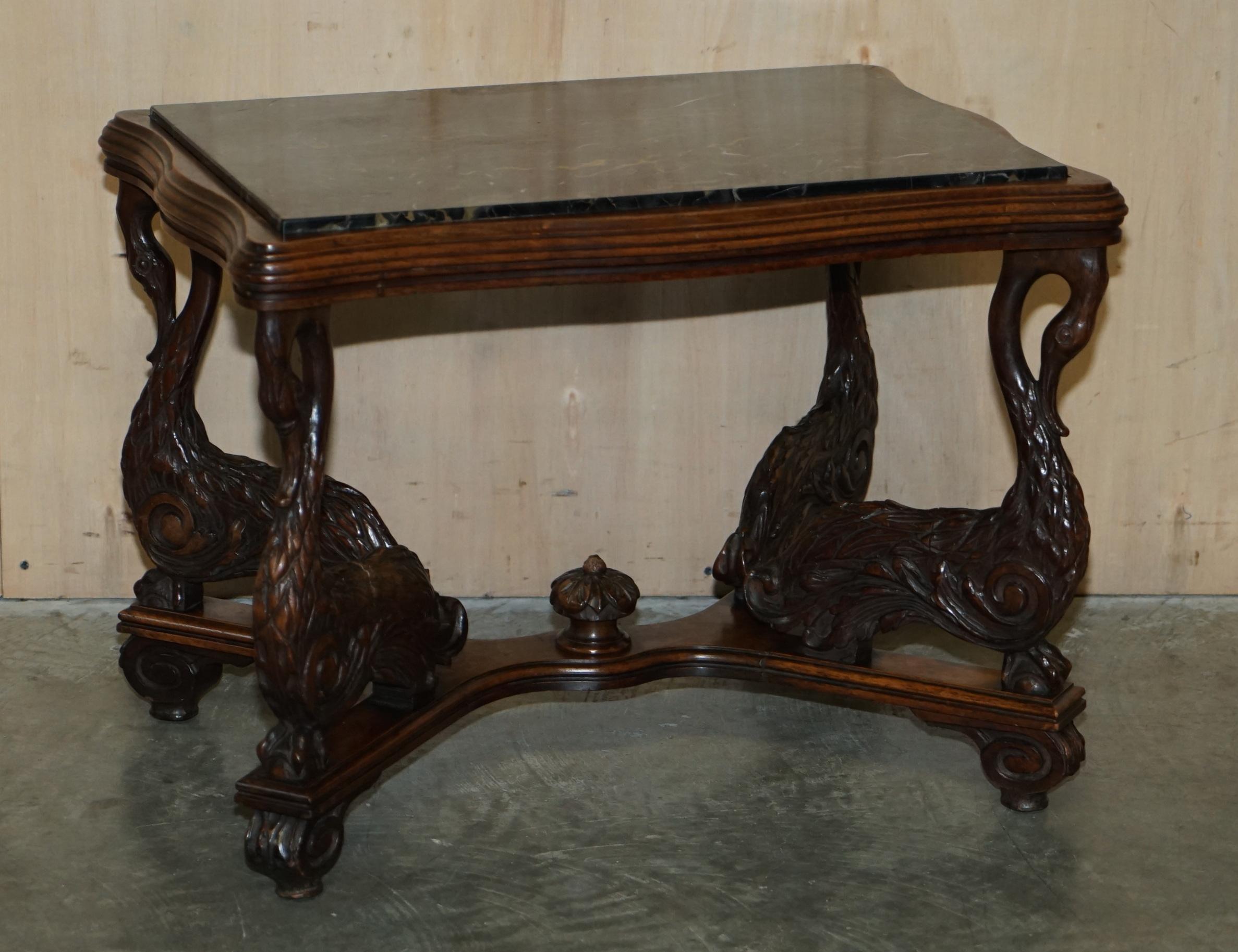 High Victorian English Circa 1880 Ornately Hand Carved Swan Oak Side End Table Solid Marble Top