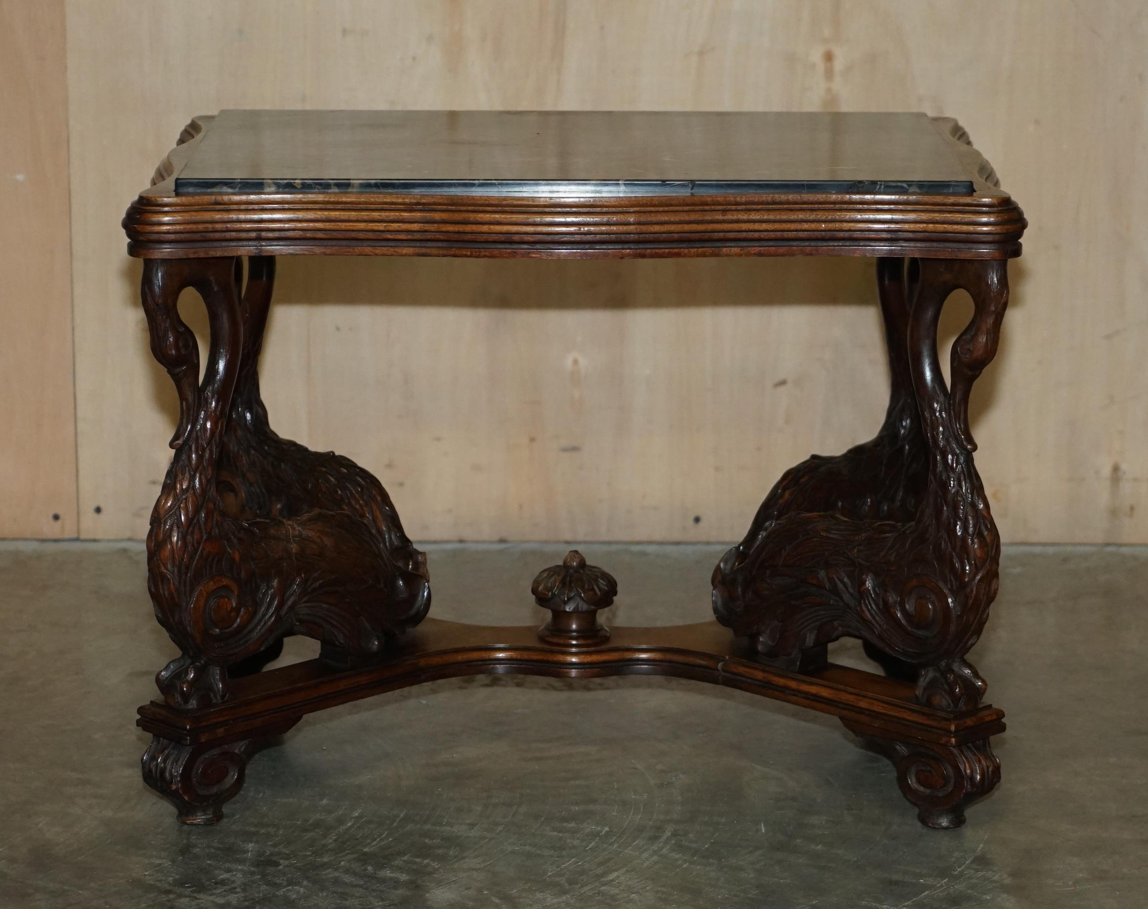 Hand-Crafted English Circa 1880 Ornately Hand Carved Swan Oak Side End Table Solid Marble Top