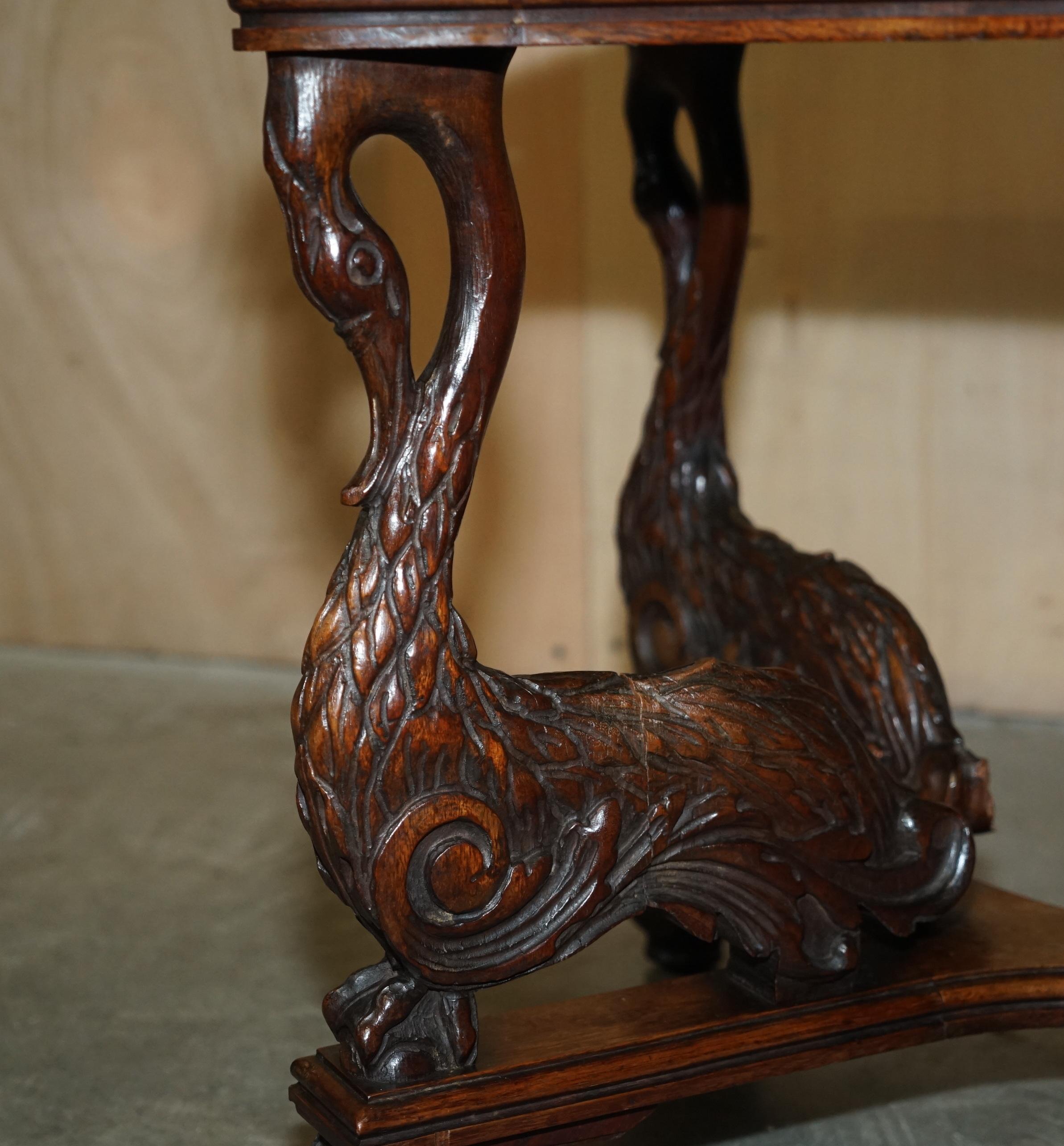 Late 19th Century English Circa 1880 Ornately Hand Carved Swan Oak Side End Table Solid Marble Top