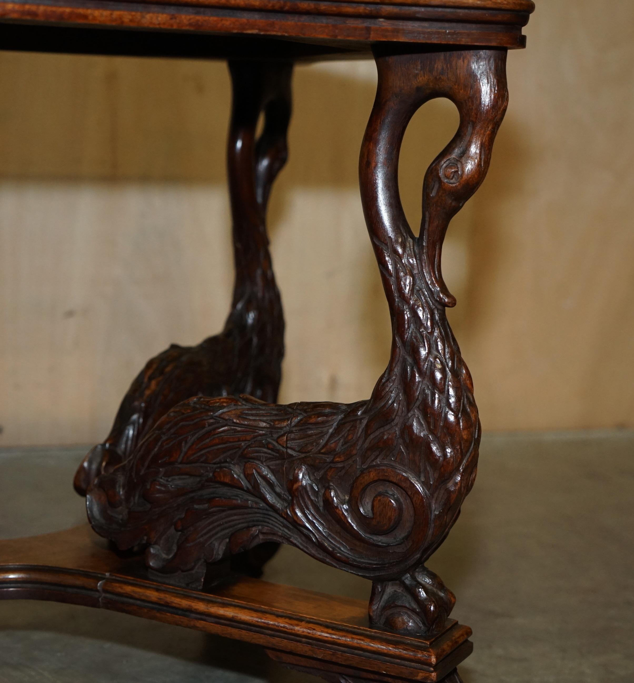 English Circa 1880 Ornately Hand Carved Swan Oak Side End Table Solid Marble Top 1