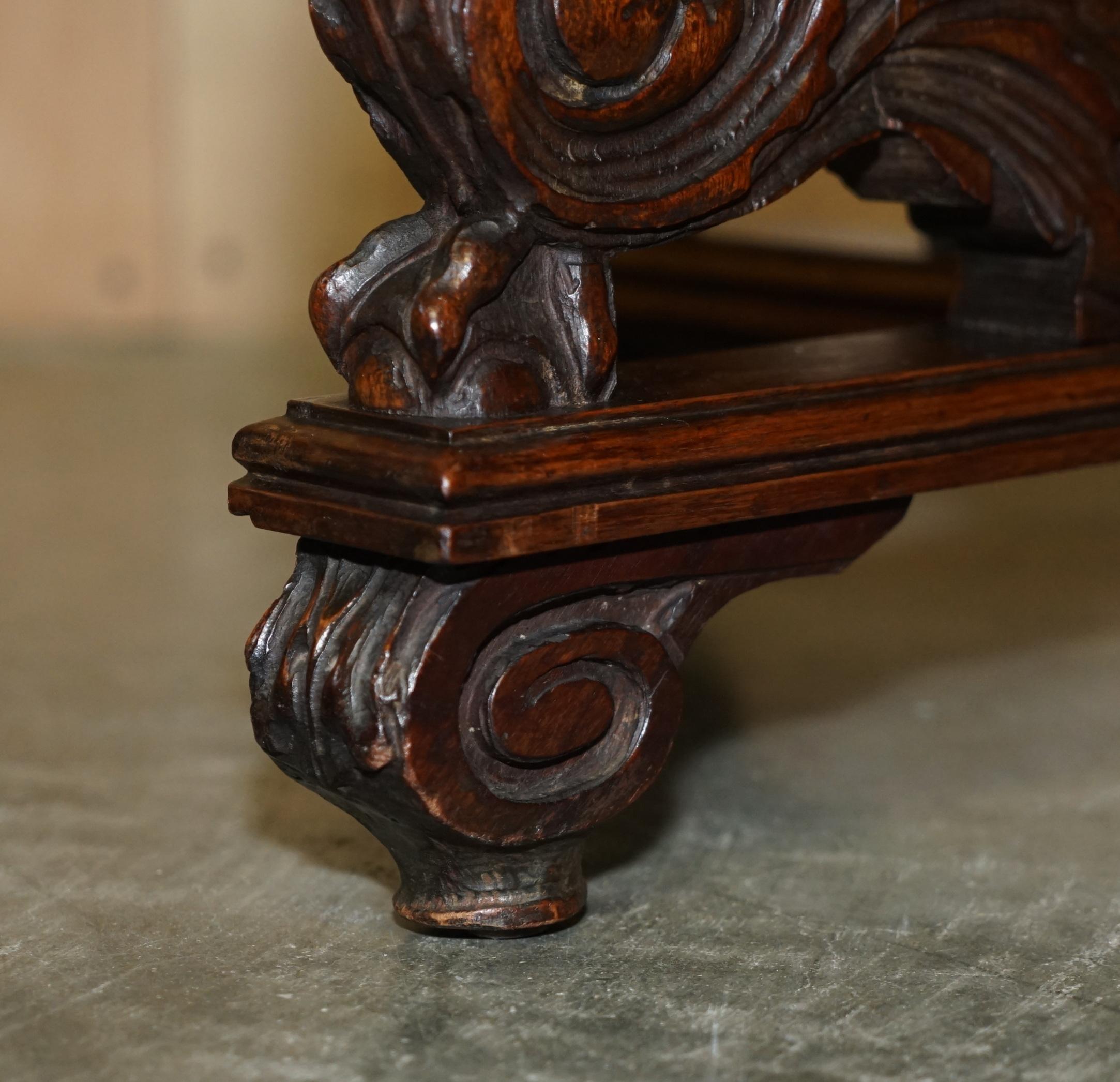 English Circa 1880 Ornately Hand Carved Swan Oak Side End Table Solid Marble Top 2