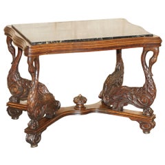 English Circa 1880 Ornately Hand Carved Swan Oak Side End Table Solid Marble Top