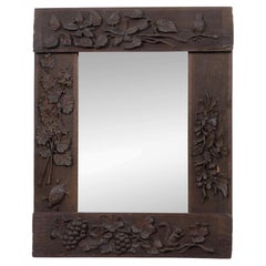 English Circa 1900 Carved Wood Mirror with Grapes, Owl, Squirrel and Turtle