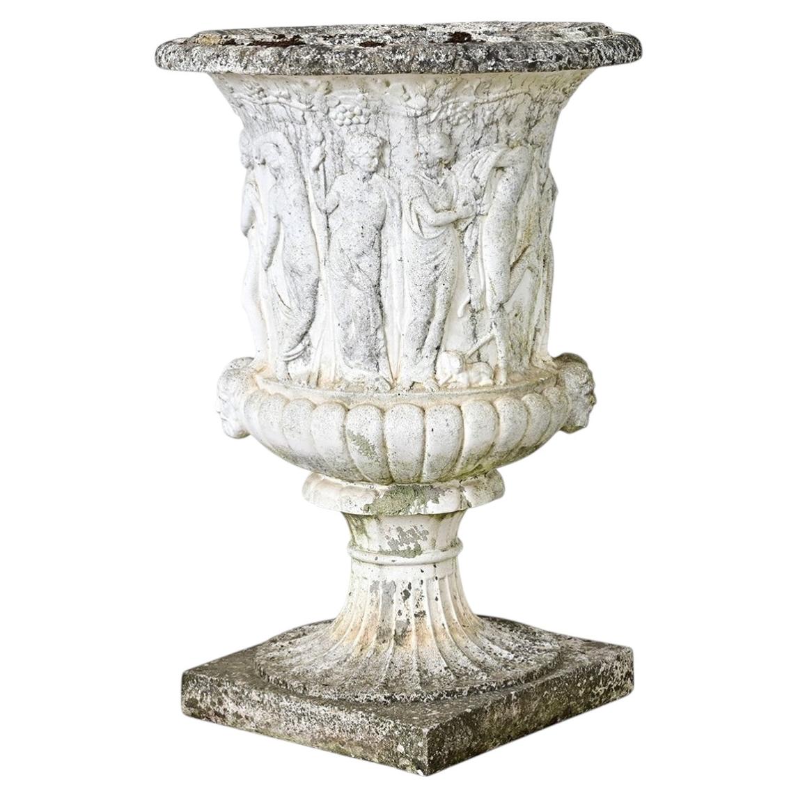 English Circa 1900 Cast Stone Medici Urn with Figurative Motif