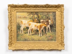 English Circa 1900 Oil on Board Pastoral Painting of Three Calves in Gilt Frame
