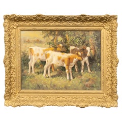 English Circa 1900 Oil on Board Pastoral Painting of Three Calves in Gilt Frame