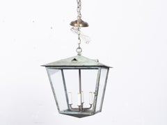 English Circa 1900 Verdigris Copper Four-Light Hanging Lantern with Tapered Form