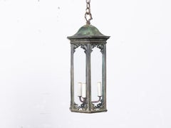 English Circa 1900 Verdigris Copper Three-Light Hanging Lantern