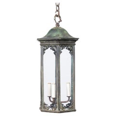 English Circa 1900 Verdigris Copper Three-Light Hanging Lantern