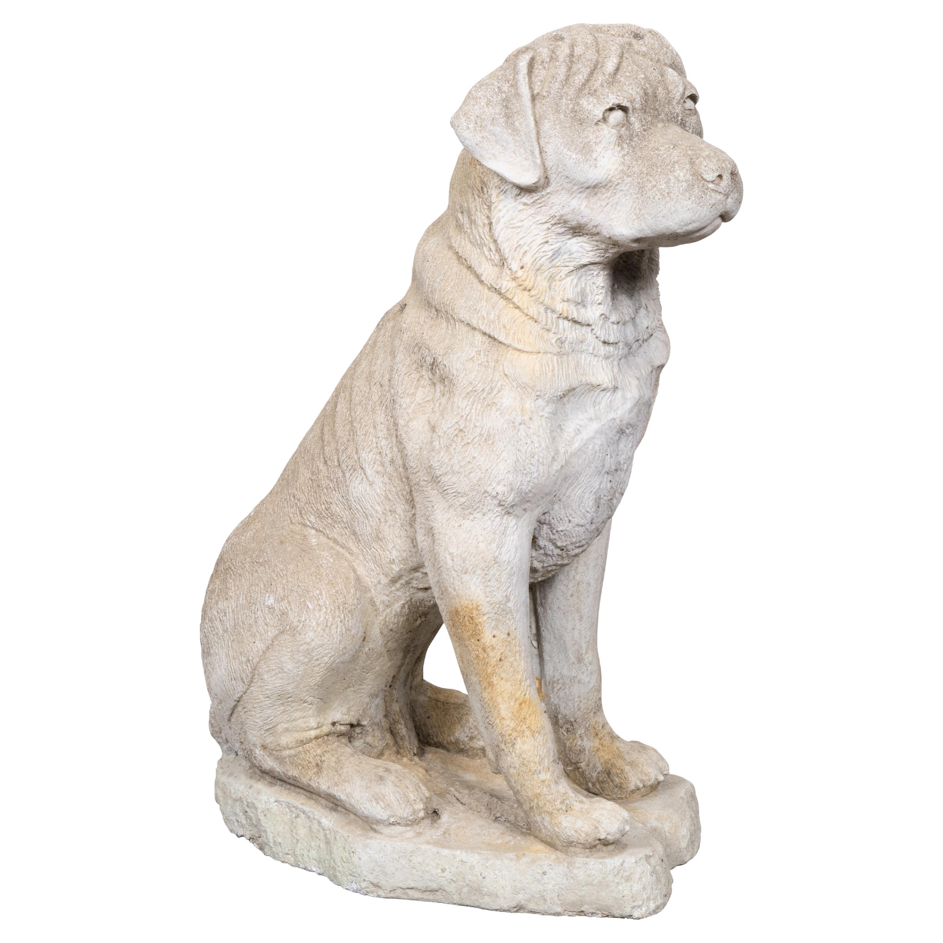 English Circa 1920 Carved Stone Garden Dog Sculpture on Integral Base